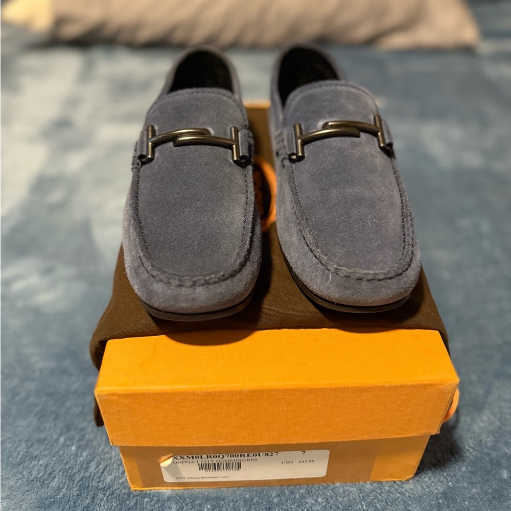 Tod's Navy Suede Loafers with Metal Accent